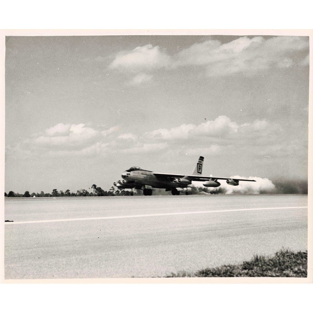 Vintage B-47 Stratojet Bomber Jet Takeoff Black and White Photograph Cold War